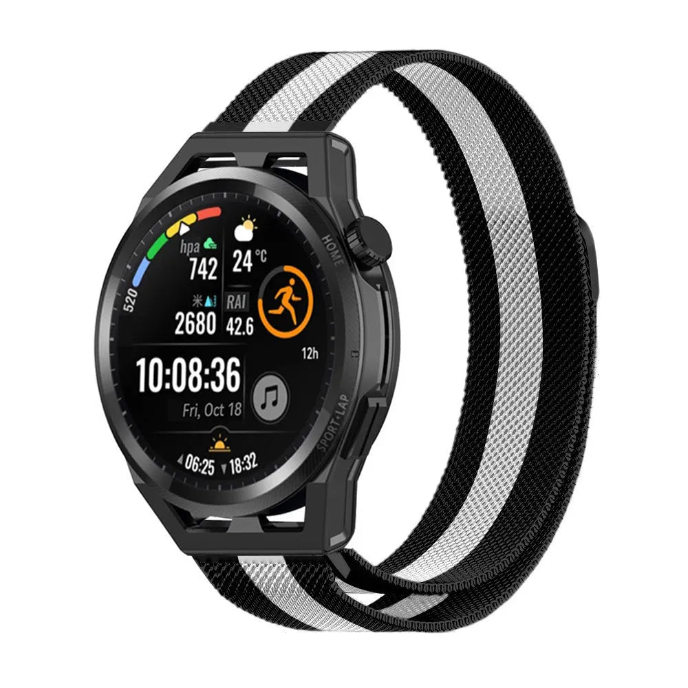 Milanese Strap, black/white, on a watch, 3/4 front view
