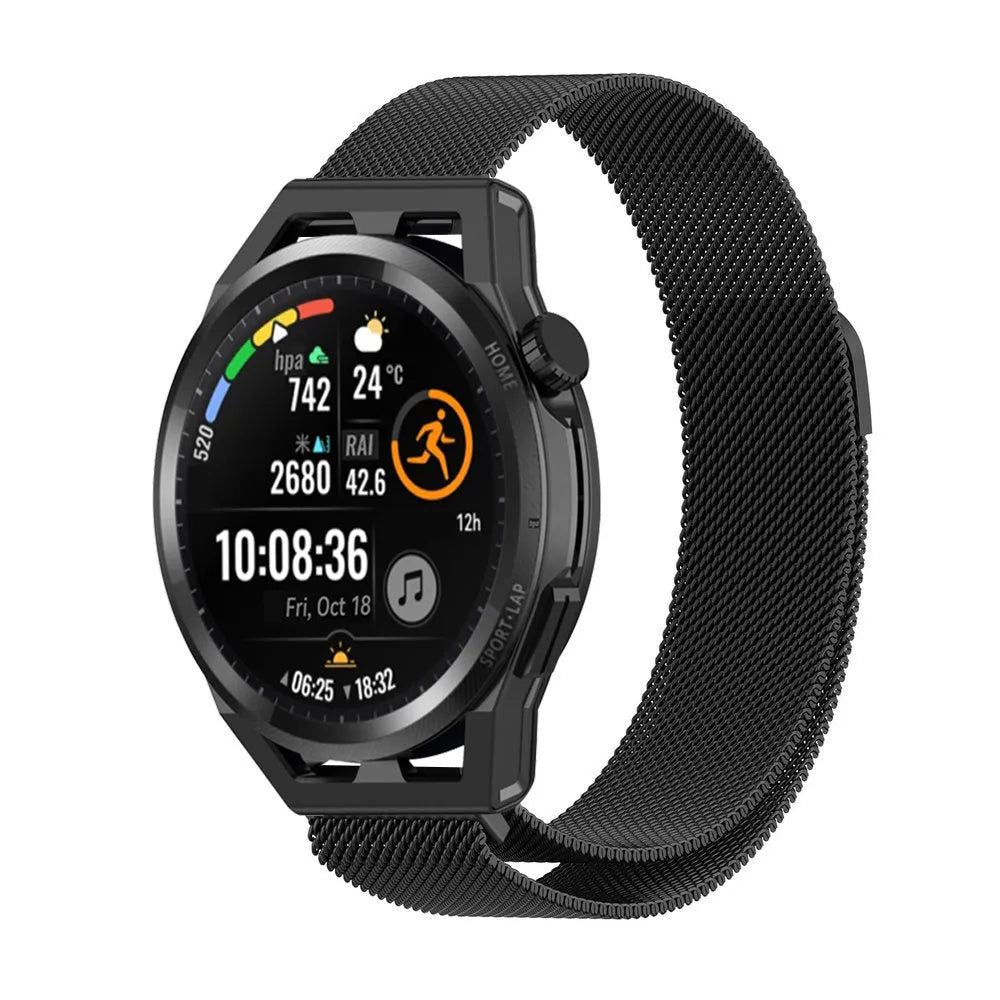 Milanese Strap, black, on a watch, 3/4 front view