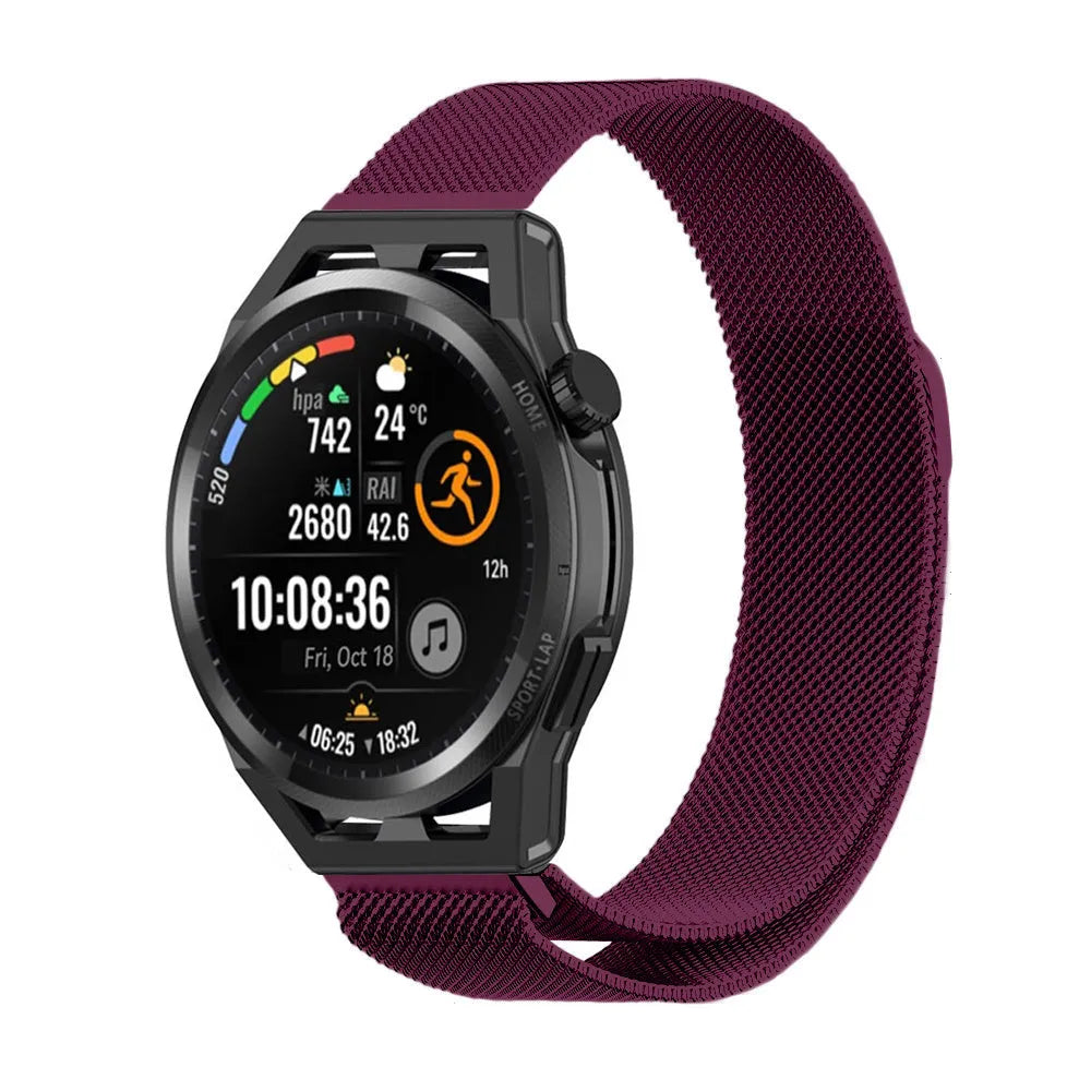 Milanese Strap, purple, on a watch, 3/4 front view
