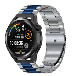 Steel Strap, silver/blue, on a watch, 3/4 front view