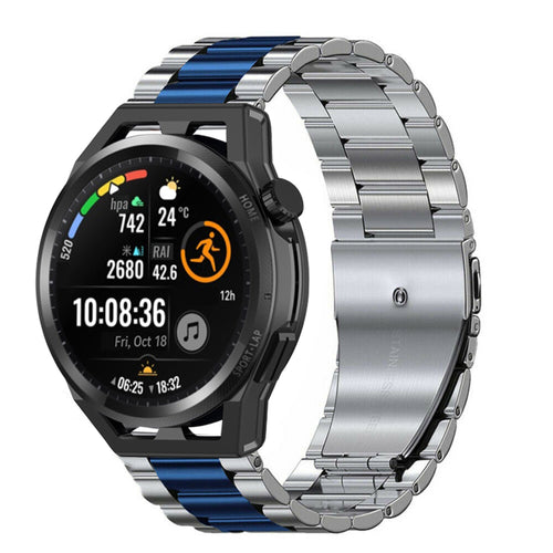Steel Strap, silver/blue, on a watch, 3/4 front view