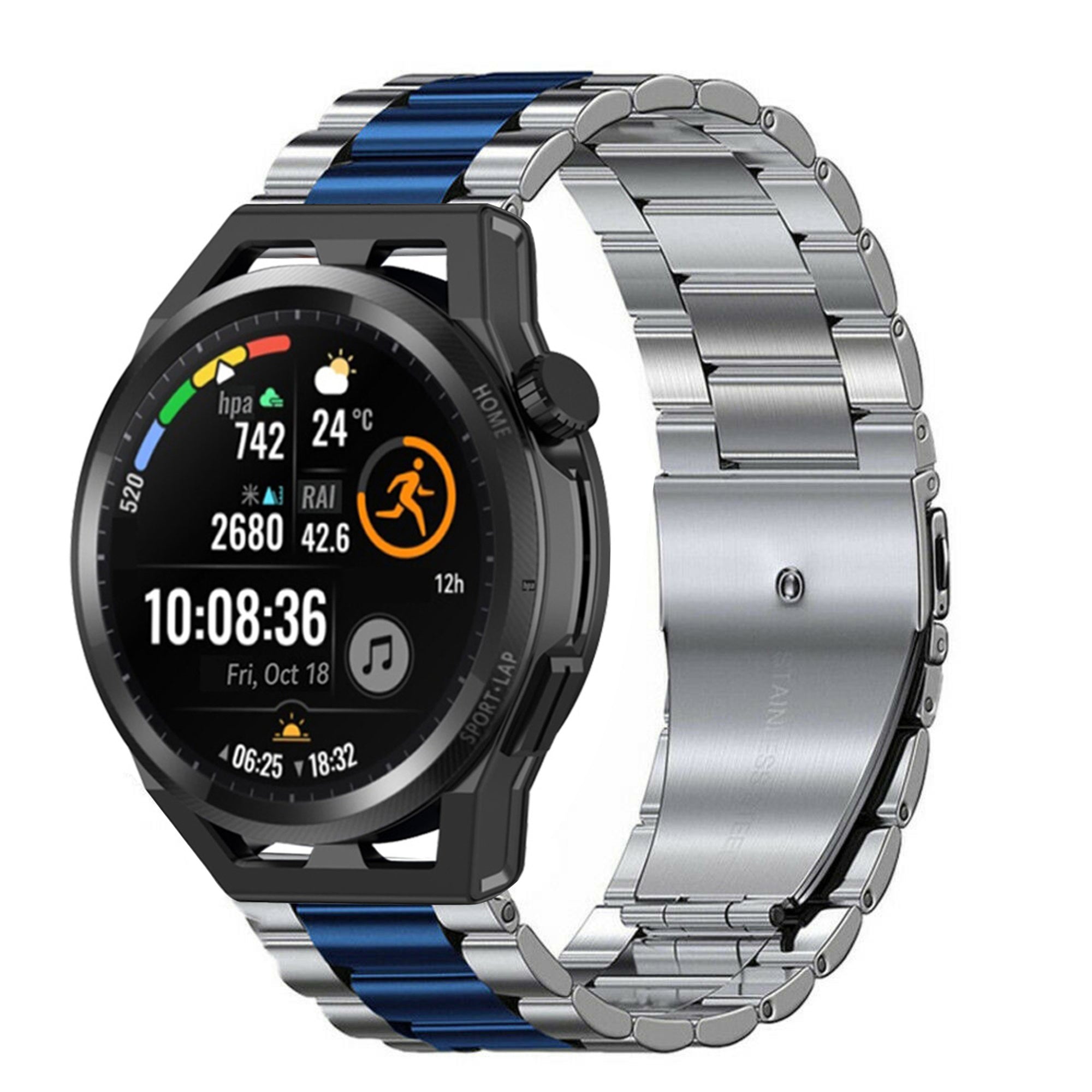Steel Strap, silver/blue, on a watch, 3/4 front view