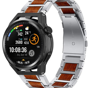 Wood Steel Strap, silver, on a watch, 3/4 front view