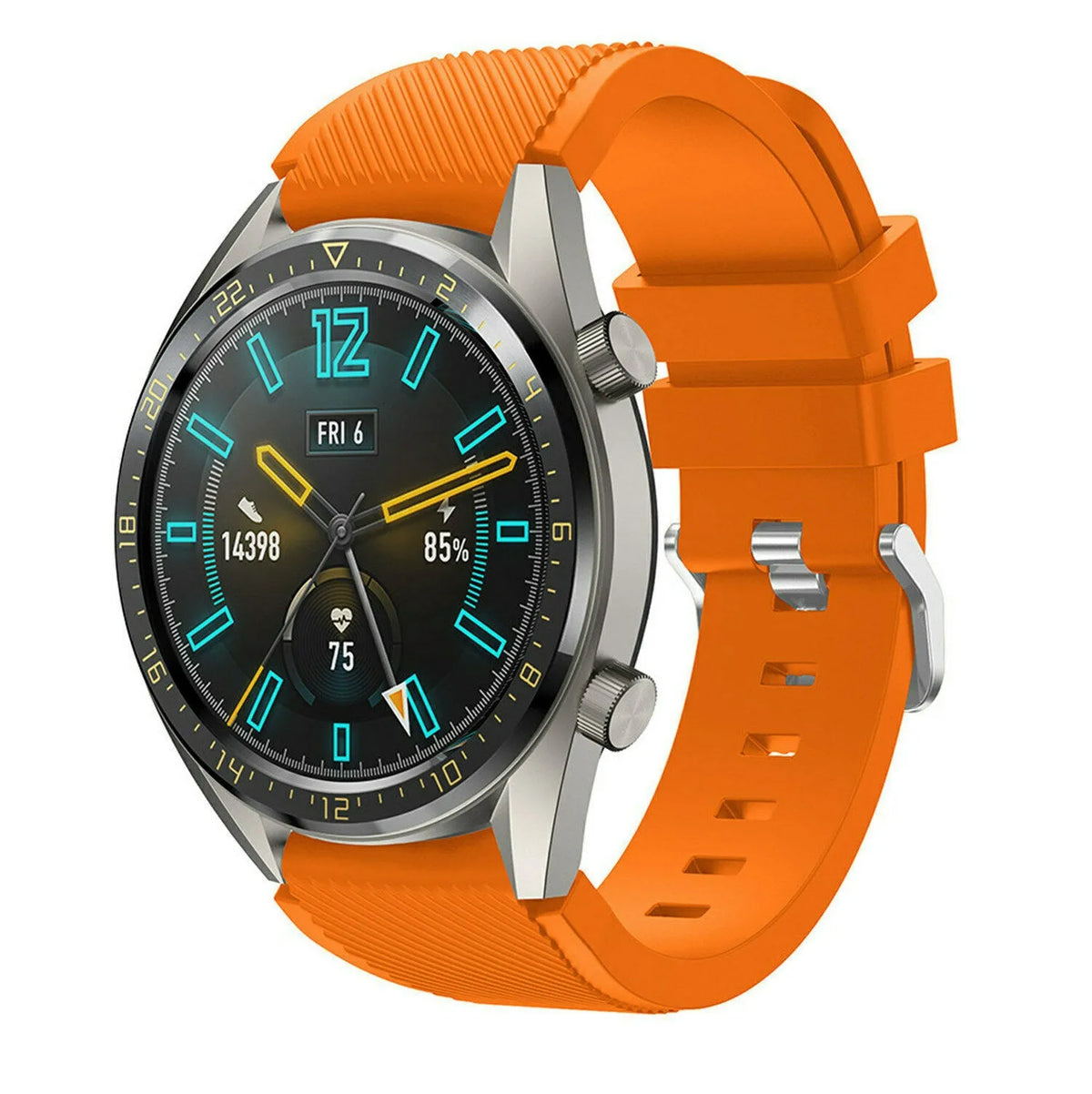 Twill Silicone Strap, orange, on a watch, 3/4 front view
