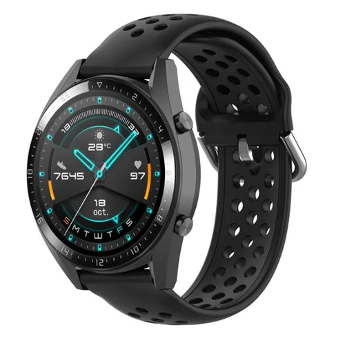 Breathable Silicone Strap, black, on a watch, 3/4 front view