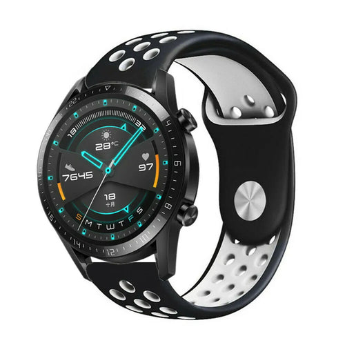 Silicone Sport Strap, black/white, on a watch, 3/4 front view