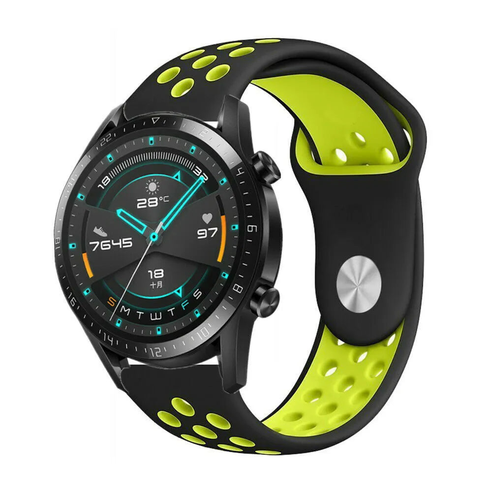 Silicone Sport Strap, black/yellow, on a watch, 3/4 front view