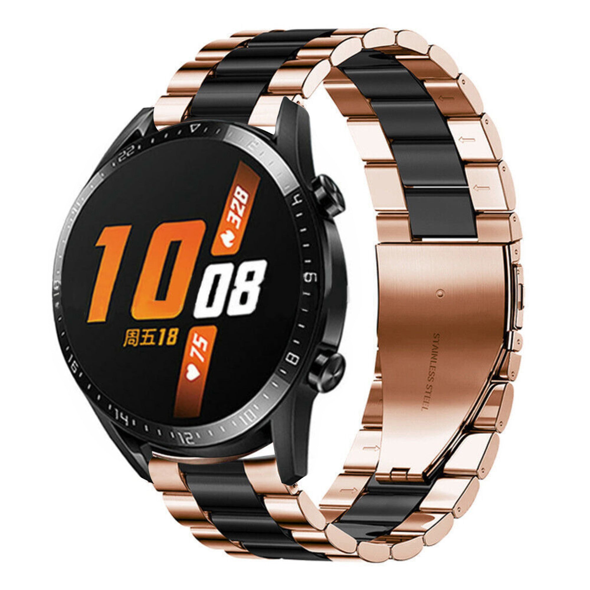 Steel Strap, rose gold/black, on a watch, 3/4 front view