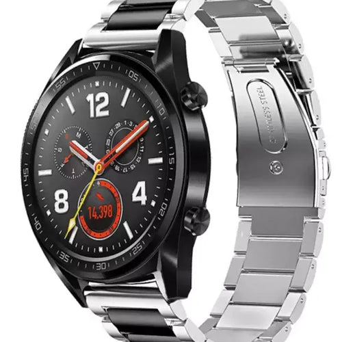 Steel Strap, silver/black, on a watch, 3/4 front view