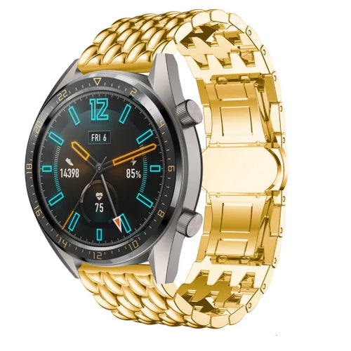 Steel Dragon Strap, gold, on a watch, 3/4 front view
