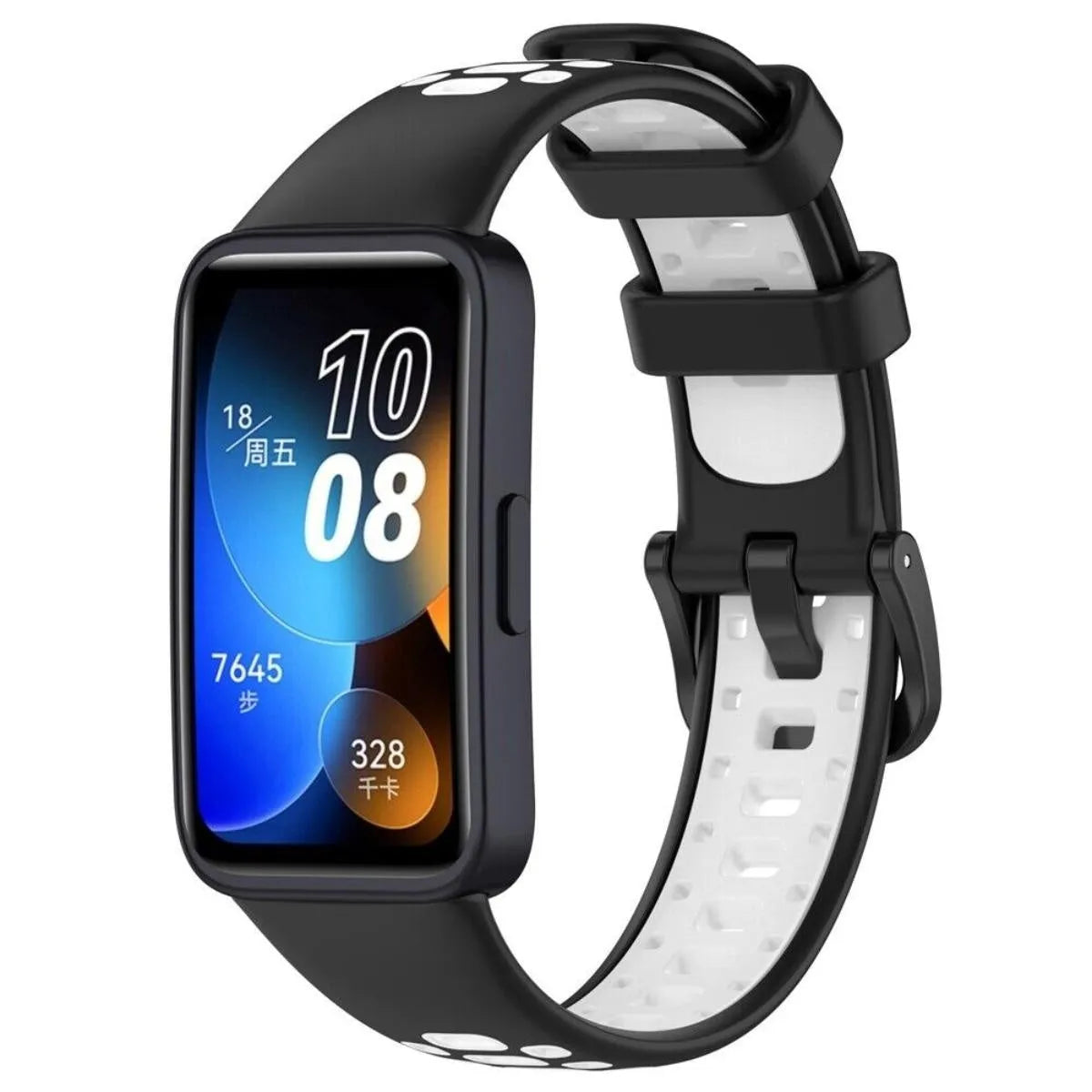 Silicone Sport Strap, black/white, on a watch, 3/4 front view