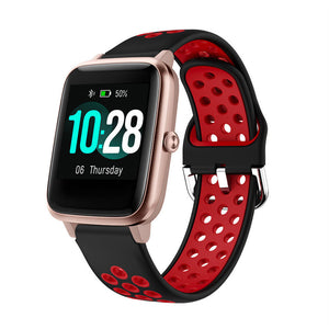 Silicone Sport Strap, black/red, on a watch, 3/4 front view