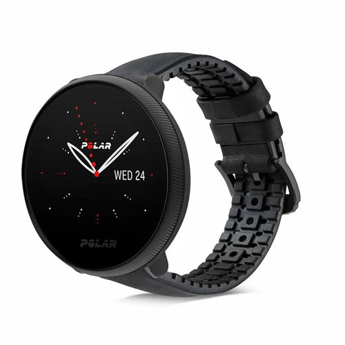 Leather Hybrid Strap, black, on a watch, 3/4 front view