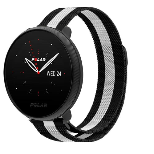 Milanese Strap, black/white, on a watch, 3/4 front view