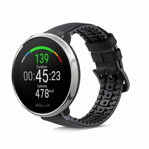Leather Hybrid Strap, black, on a watch, 3/4 front view