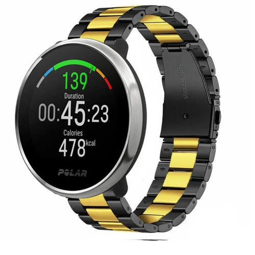Steel Strap, black/gold, on a watch, 3/4 front view
