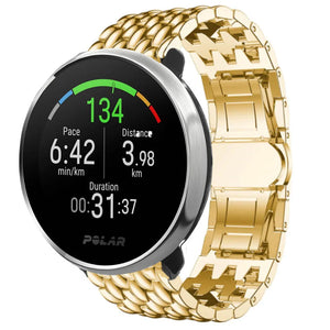 Steel Dragon Strap, gold, on a watch, 3/4 front view