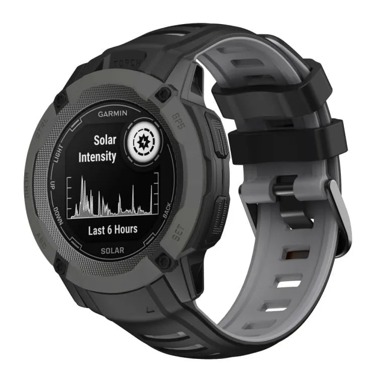 Silicone Sport Strap, black/grey, on a watch, 3/4 front view