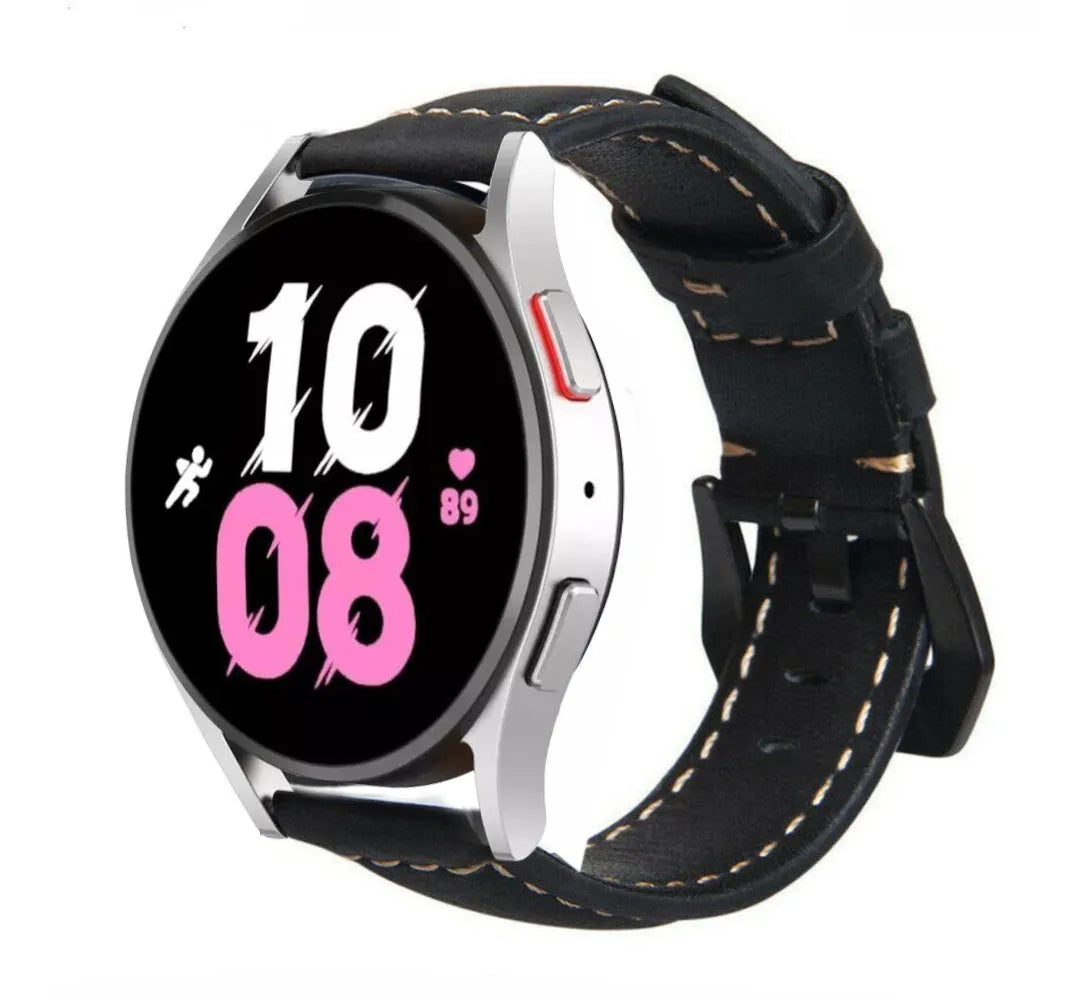 Leather Strap, black, on a watch, 3/4 front view