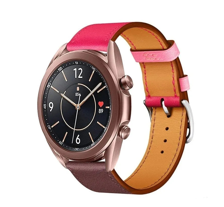 Leather Strap 'Duo', pink/auburn, on a watch, 3/4 front view