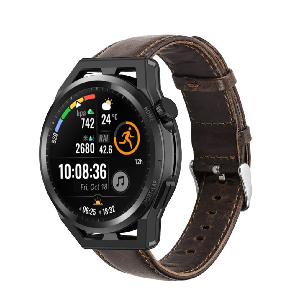 Leather Strap, dark brown, on a watch, 3/4 front view