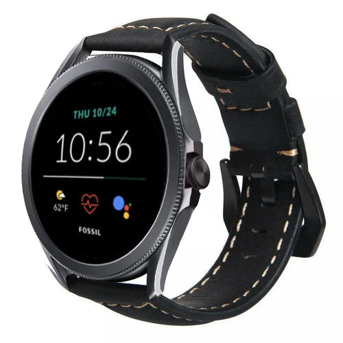 Leather Strap, black, on a watch, 3/4 front view