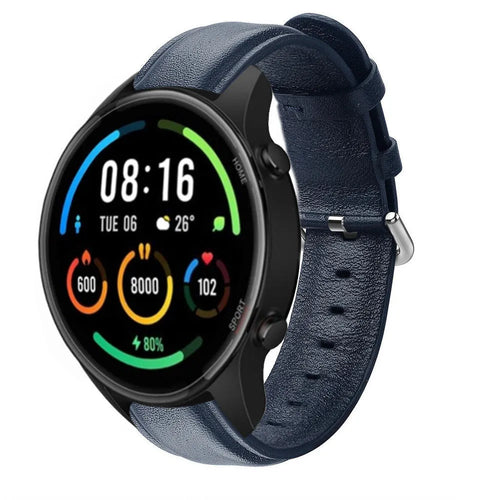 Leather Strap, dark blue, on a watch, 3/4 front view