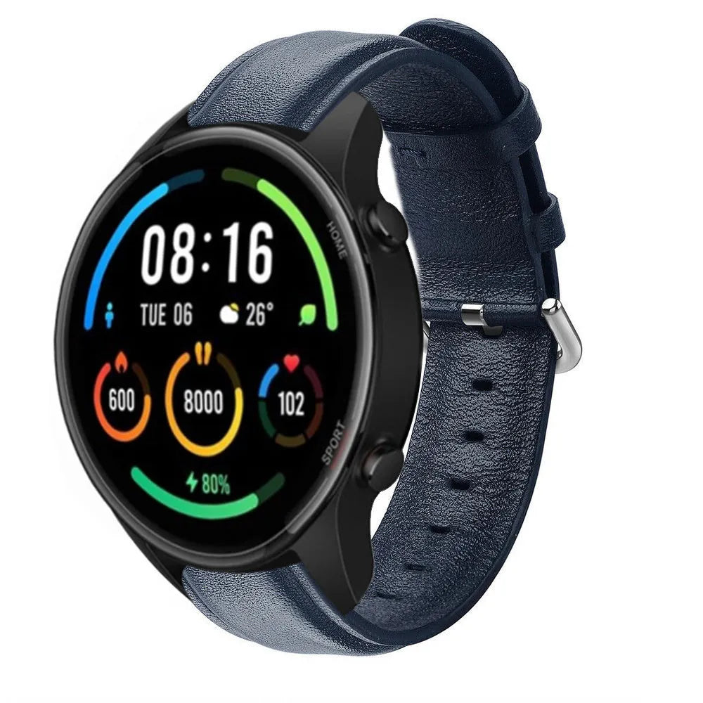 Leather Strap, dark blue, on a watch, 3/4 front view