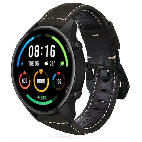 Leather Strap, black, on a watch, 3/4 front view