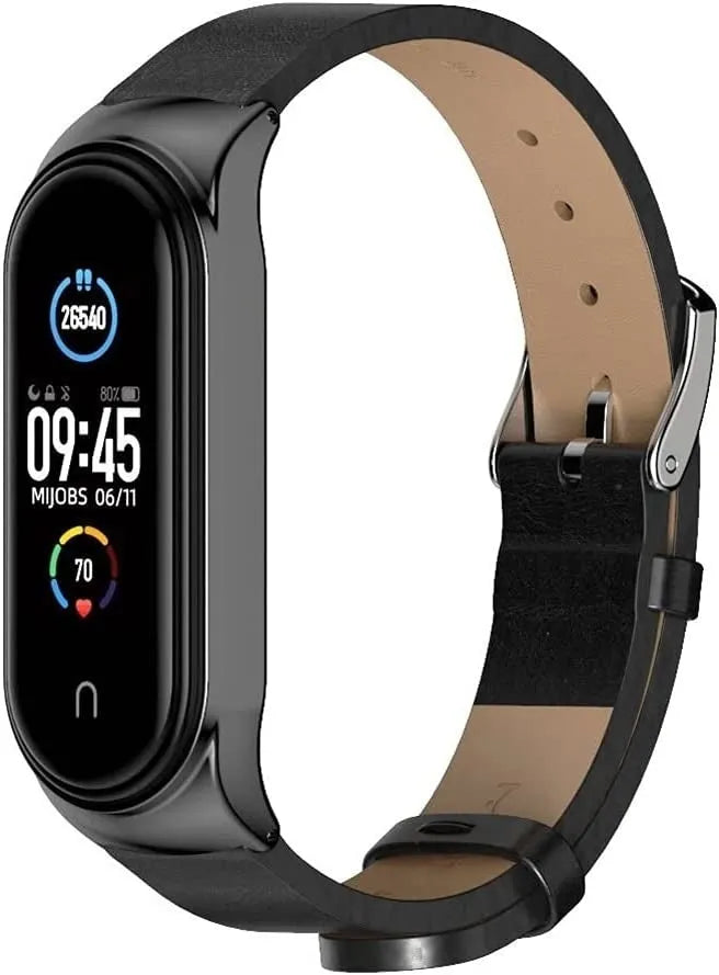 Modern Leather Strap, black, on a watch, 3/4 front view