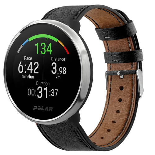 Modern Leather Strap, black, on a watch, 3/4 front view
