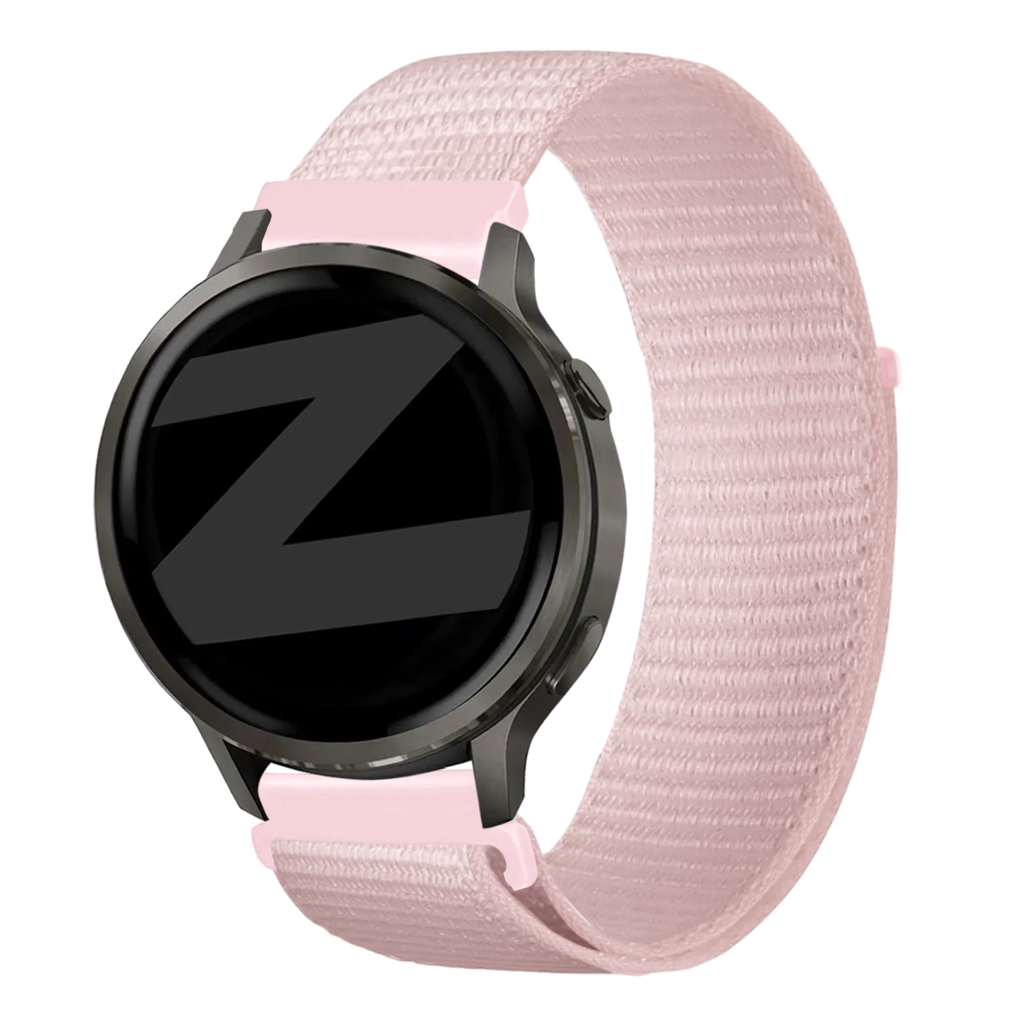Nylon Loop Strap, light pink, on a watch, 3/4 front view