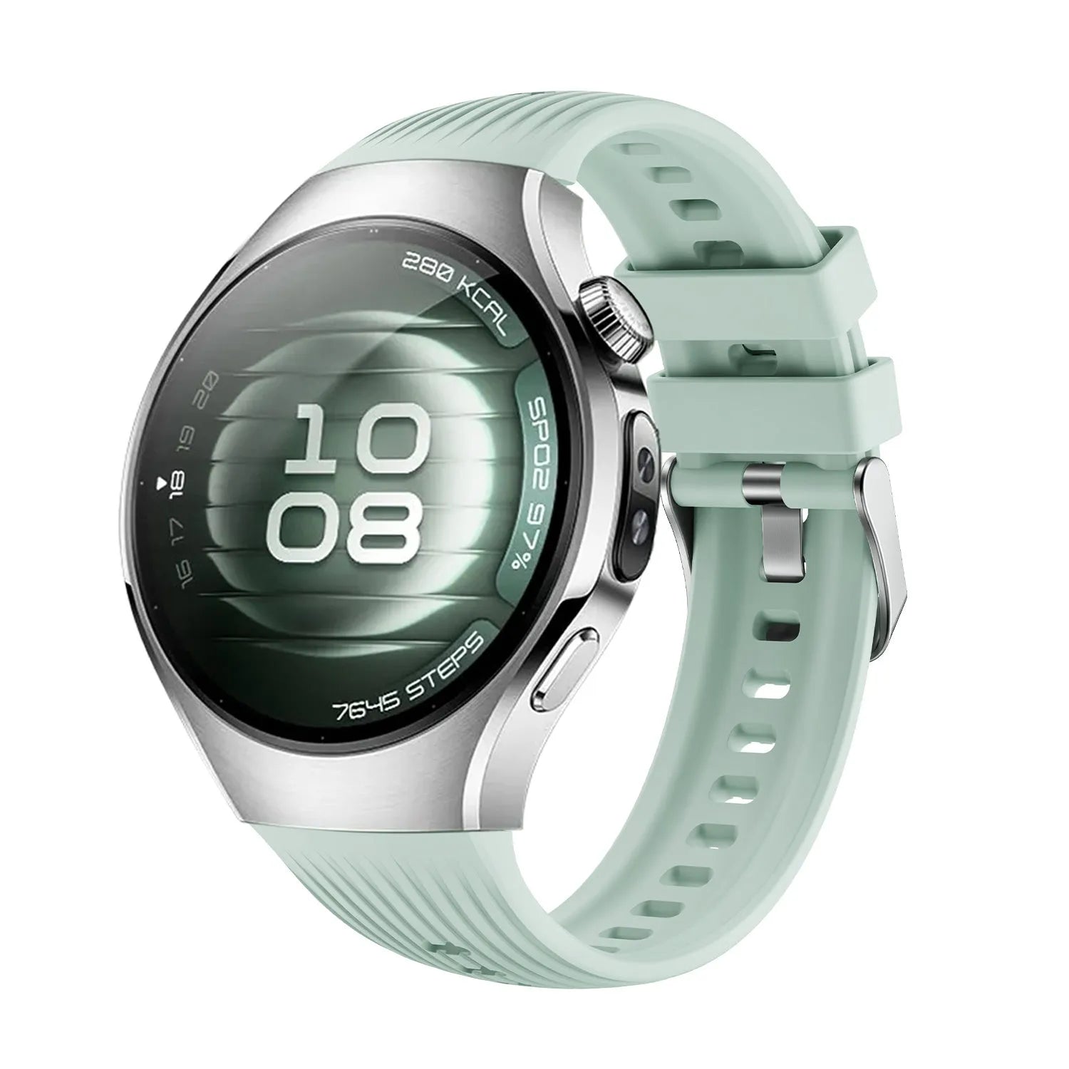 Silicone Strap Perfect Fit, light green, on a watch, 3/4 front view