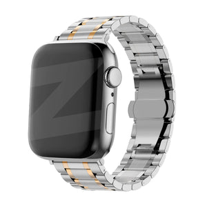 Steel Link Strap 'Deluxe', silver/gold, on a watch, 3/4 front view