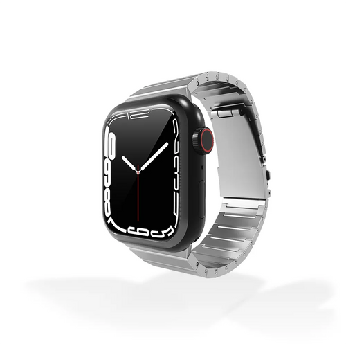 Metal Premium Titanium Strap, silver, on a watch, 3/4 front view