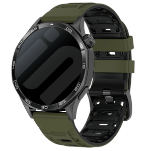 Silicone Mecha Sport Strap, army green/black, on a watch, 3/4 front view