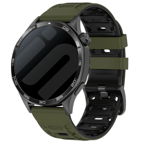 Silicone Mecha Sport Strap, army green/black, on a watch, 3/4 front view