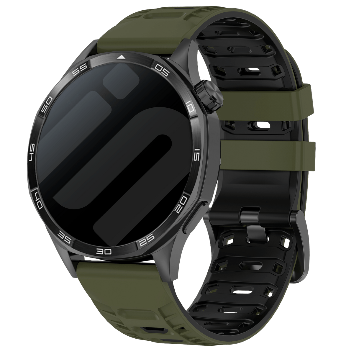 Silicone Mecha Sport Strap, army green/black, on a watch, 3/4 front view