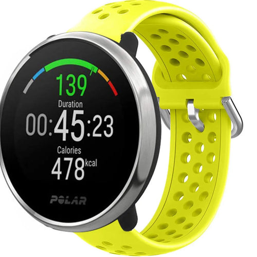 Breathable Silicone Strap, yellow, on a watch, 3/4 front view