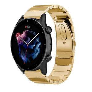 Premium Metal Strap, gold, on a watch, 3/4 front view