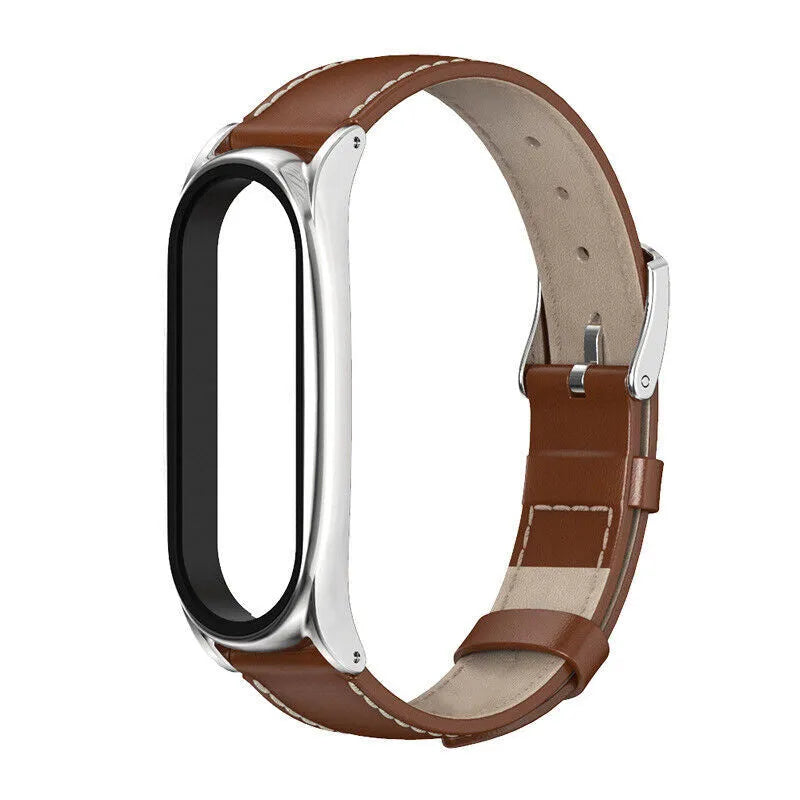 Modern Leather Strap, brown, on a watch, 3/4 front view