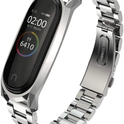 Steel Strap, silver, on a watch, 3/4 front view
