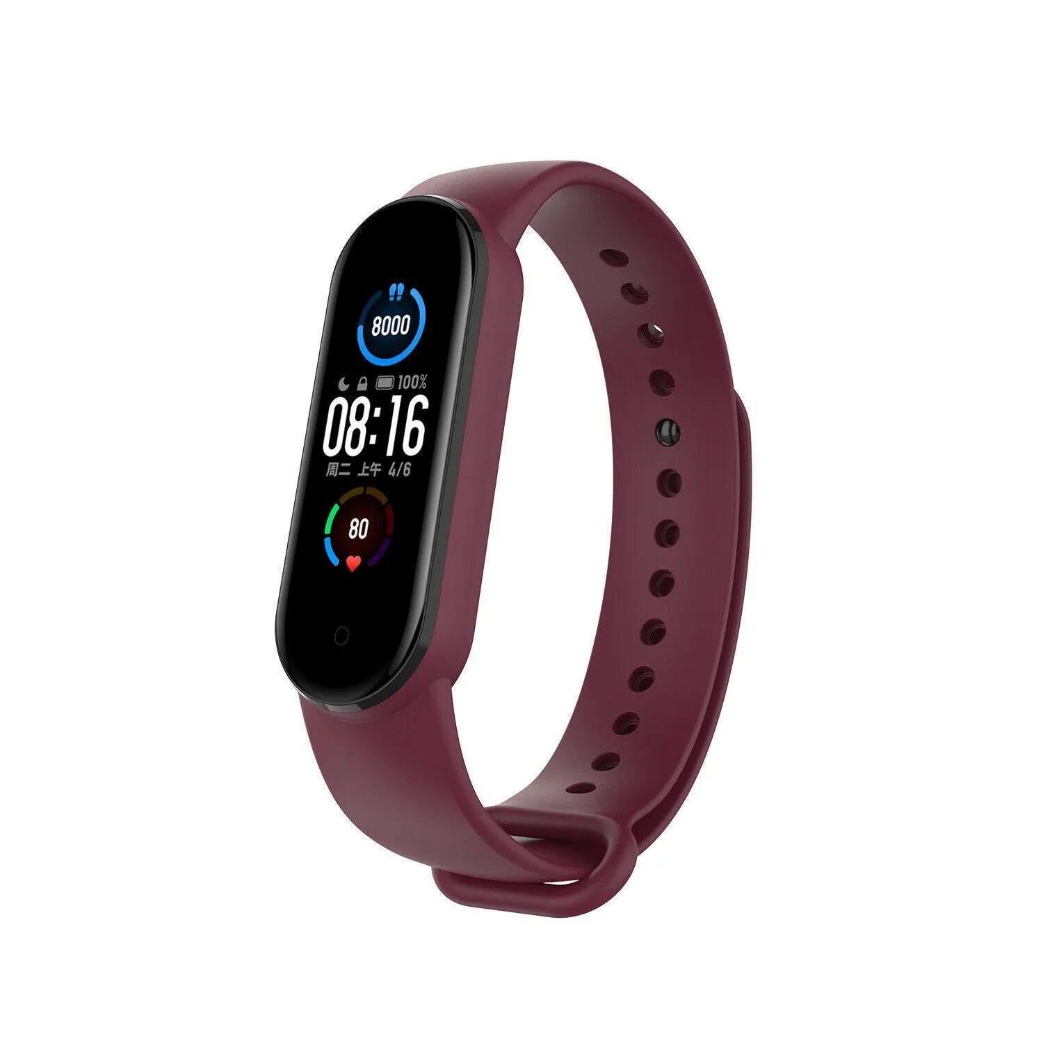 Silicone Strap, dark red, on a watch, 3/4 front view