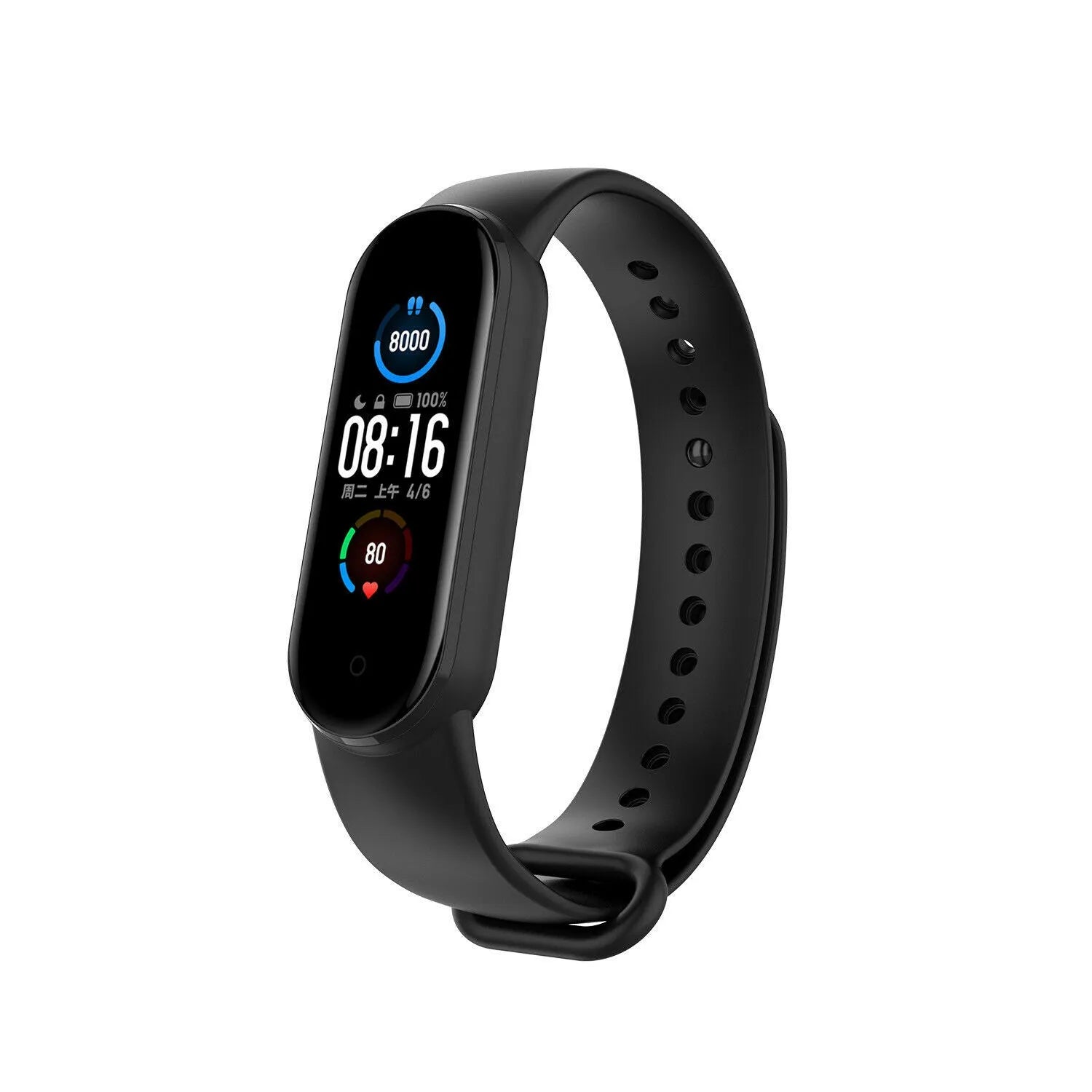 Silicone Strap, black, on a watch, 3/4 front view