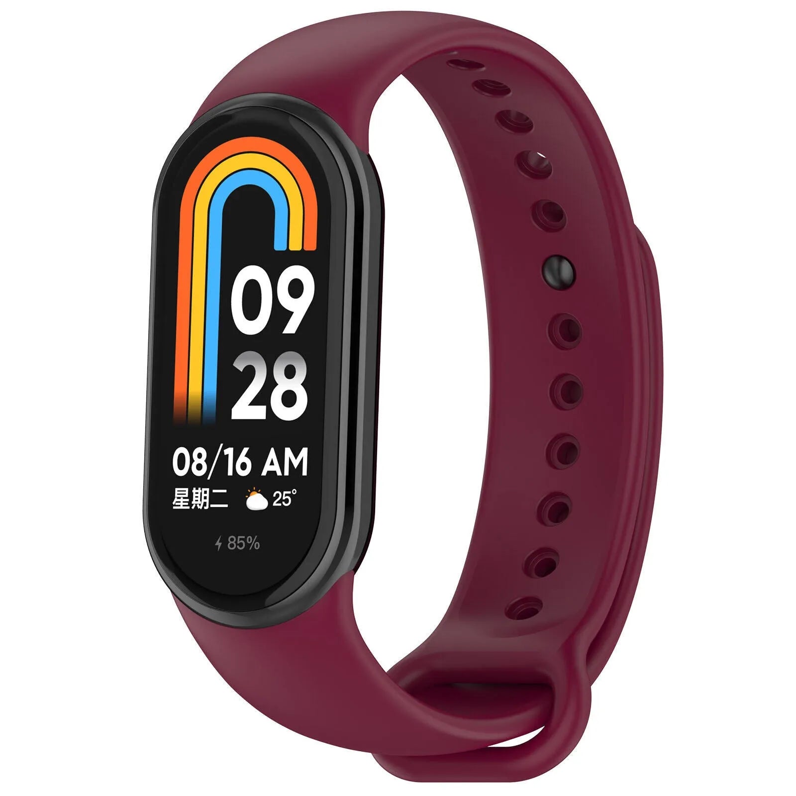 Silicone Strap, wine red, on a watch, 3/4 front view