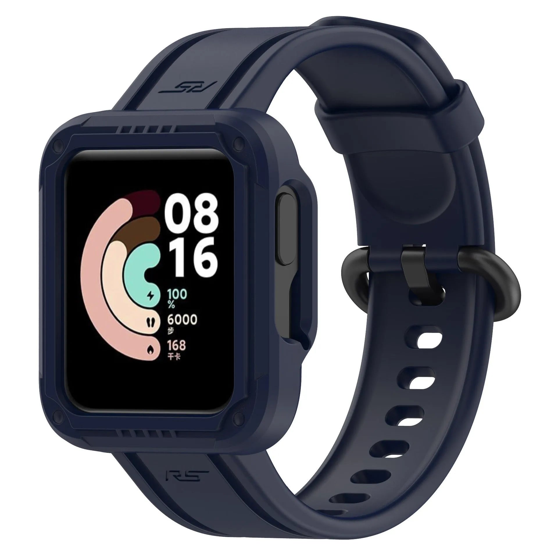 Silicone Strap with Frame, dark blue, on a watch, 3/4 front view