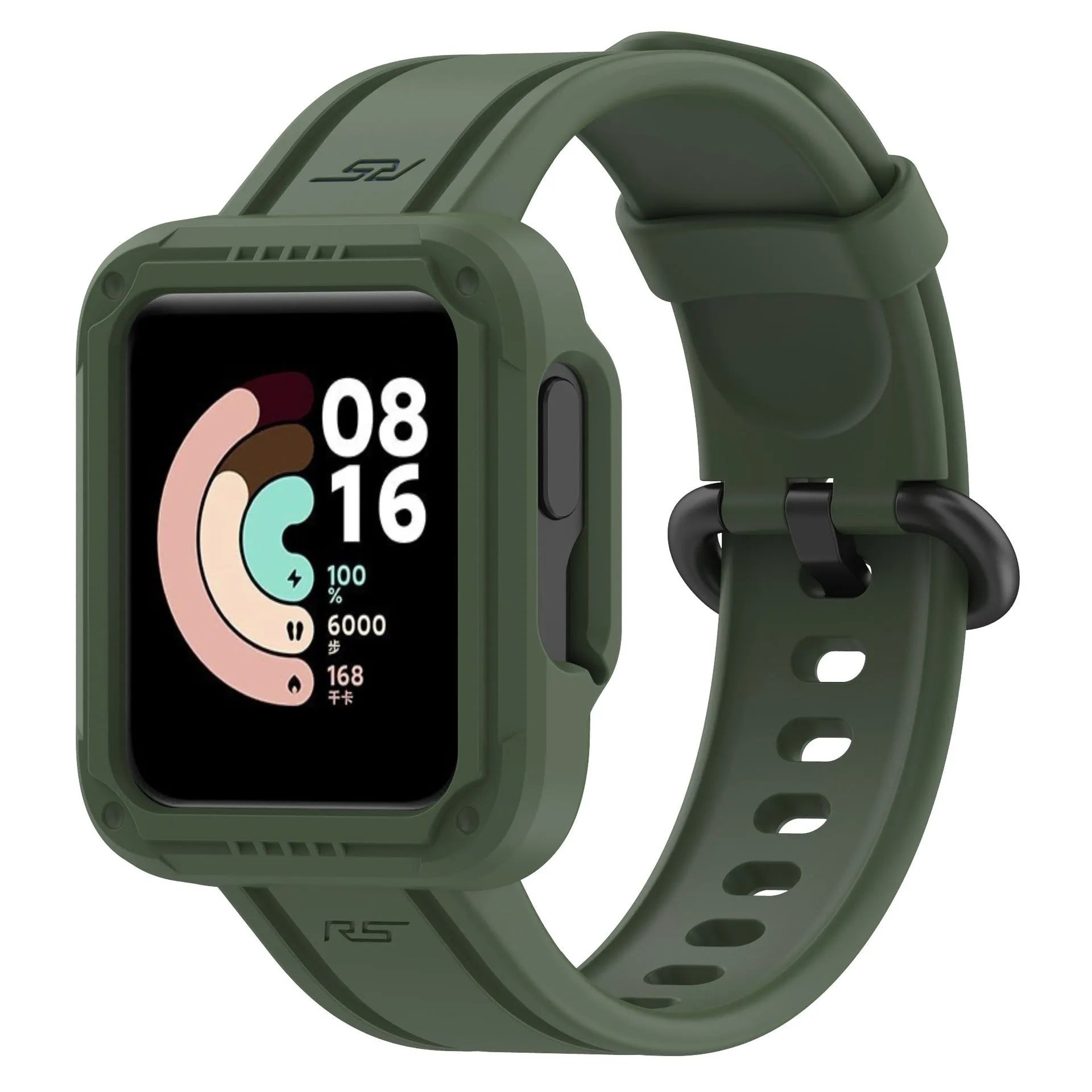 Silicone Strap with Frame, dark green, on a watch, 3/4 front view