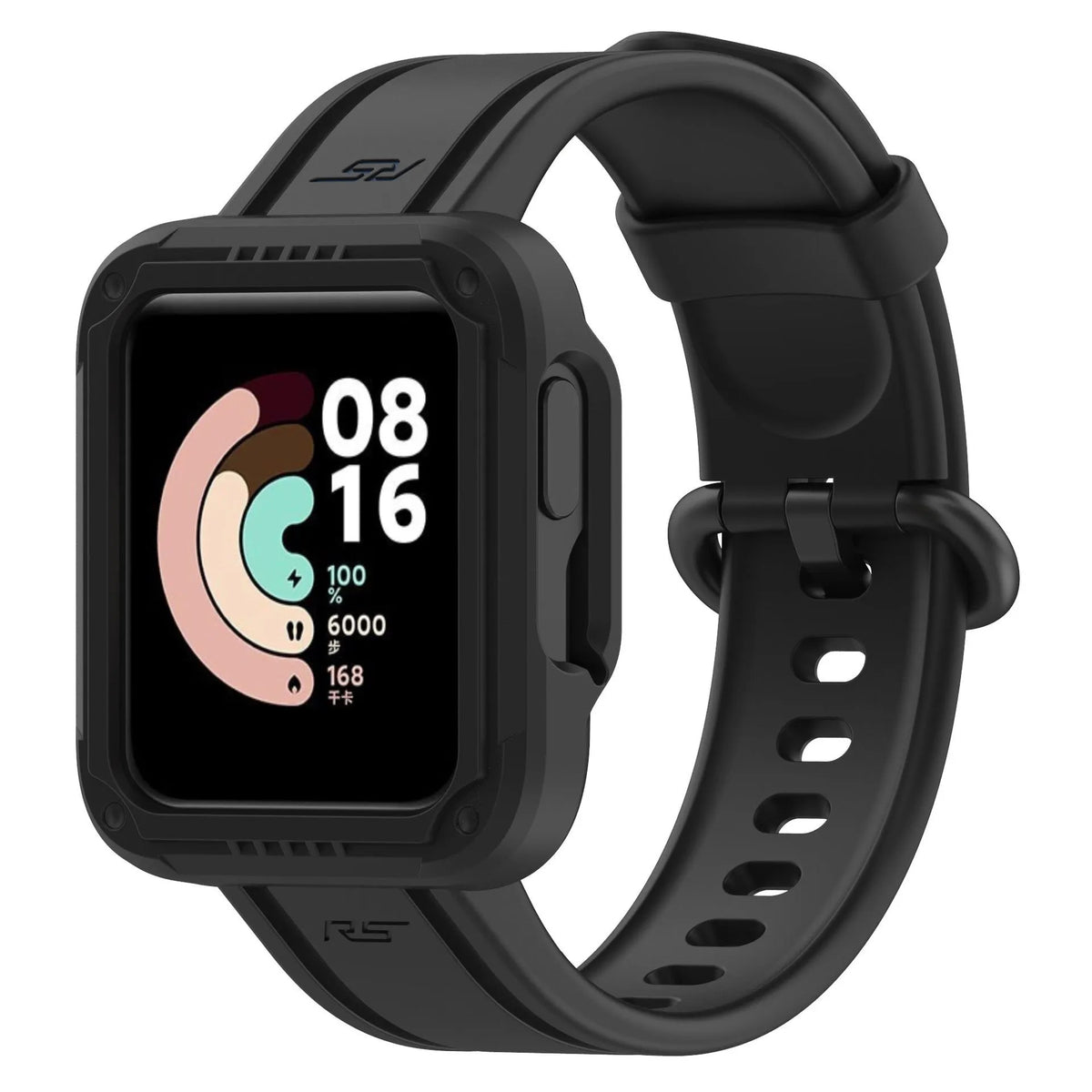 Silicone Strap with Frame, black, on a watch, 3/4 front view