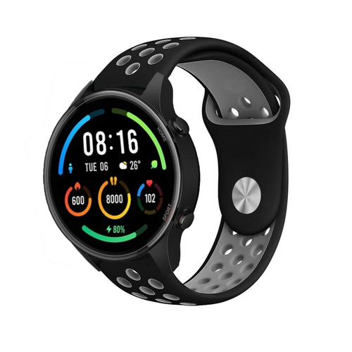 Silicone Sport Strap, black/grey, on a watch, 3/4 front view