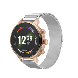 Milanese Strap, silver, on a watch, 3/4 front view